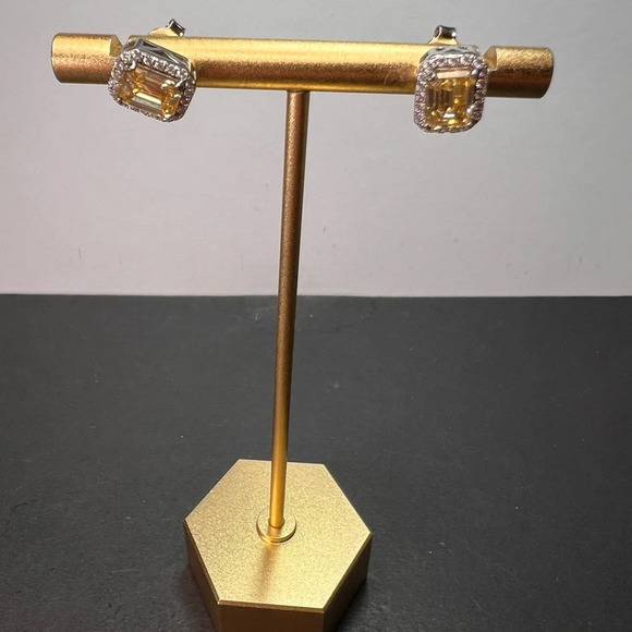 Yellow and white moissanite halo stud earrings in rhodium over sterling silver - Picture 11 of 12